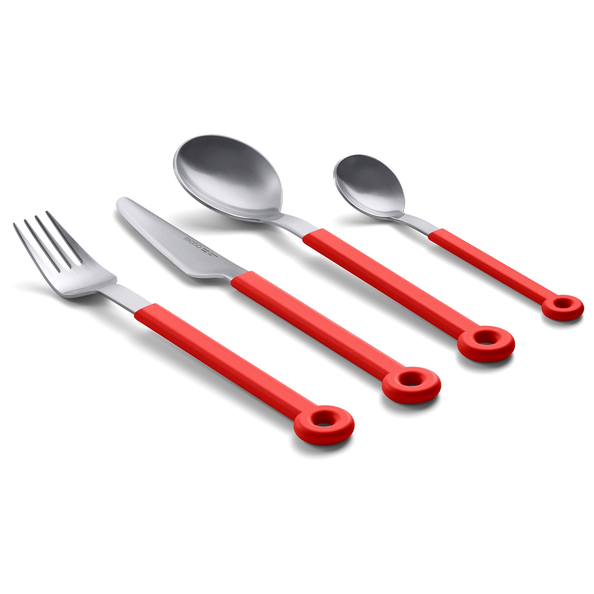 Vier Besteckteile mit roten Kunststoffgriffen