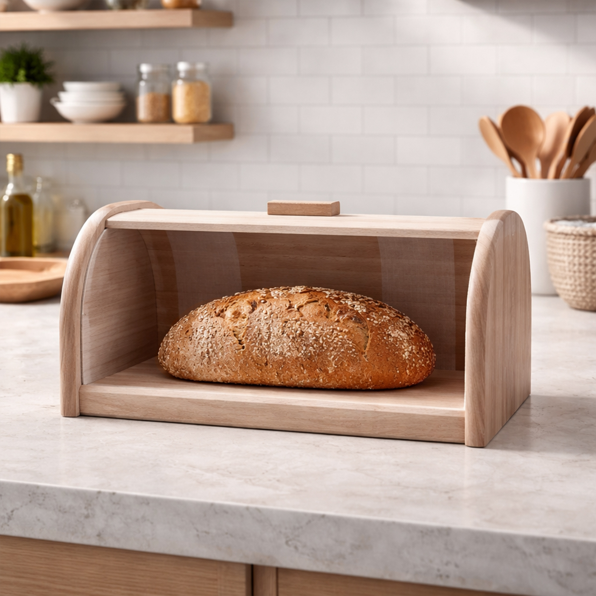 Culinaris beech wood bread box with roll-top lid