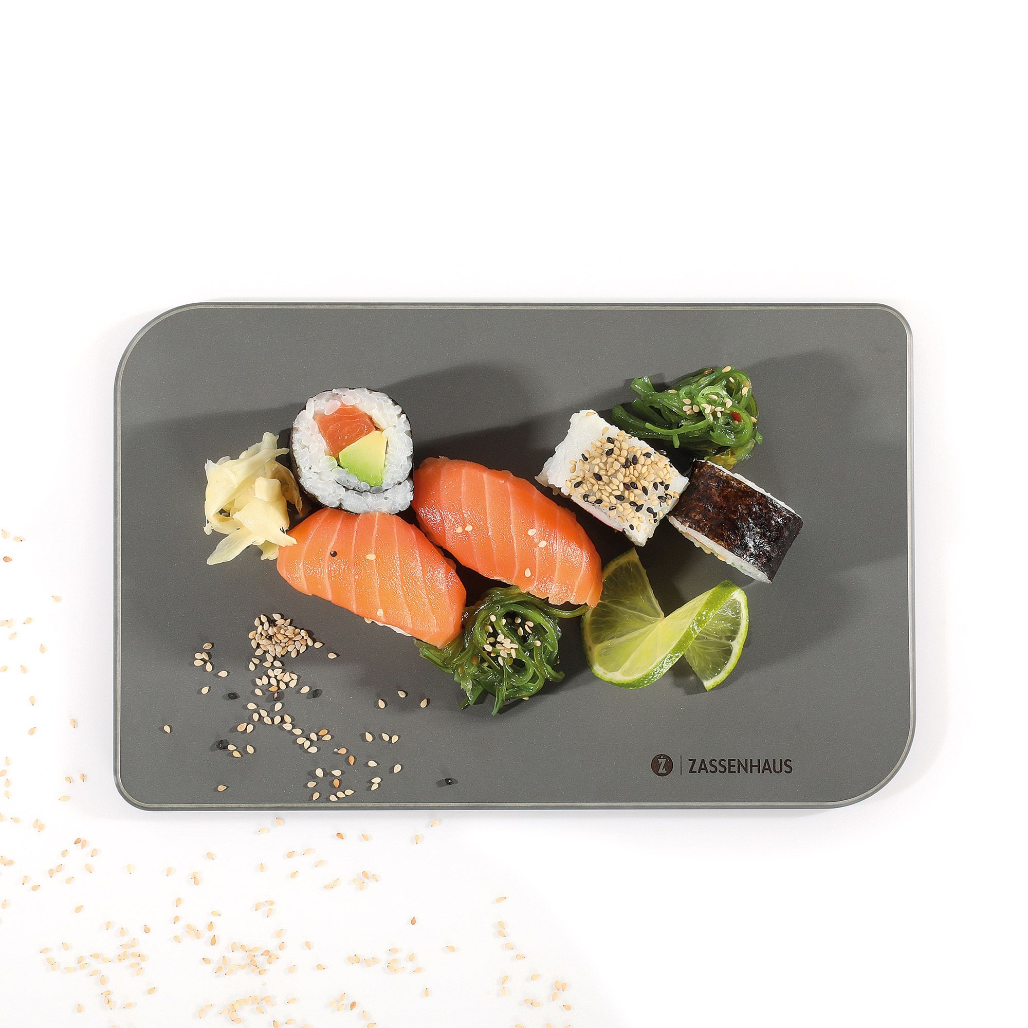 Grey ZASSENHAUS serving plate with sushi and sides