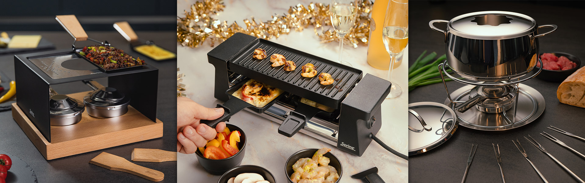 Modern raclette and fondue sets on a table