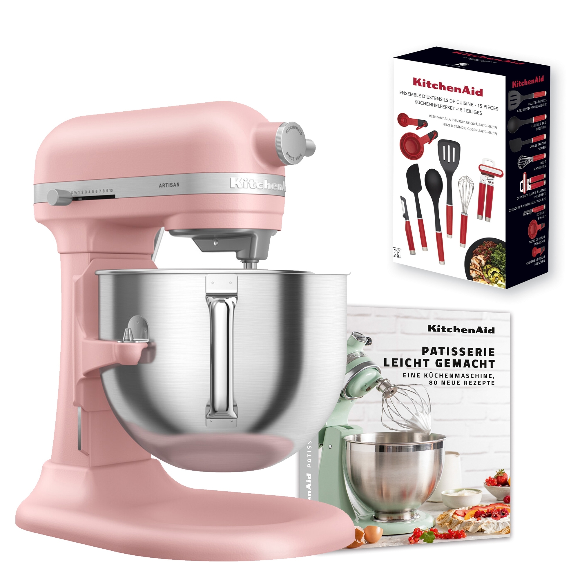 KitchenAid - Set Küchenmaschine 6,6 L +15 tlg. Küchenhelfer-Set + Rezeptbuch „Patisserie leichtgemacht“ - Dried Rose