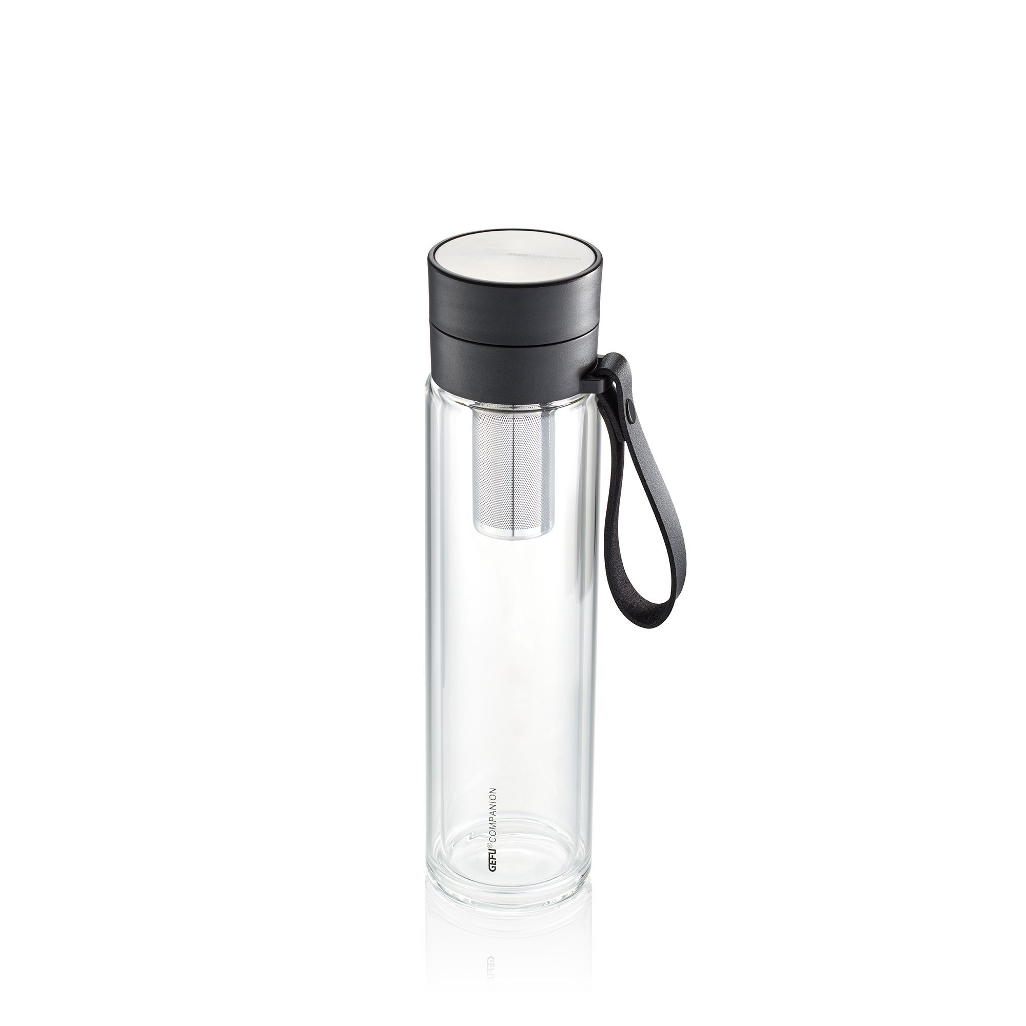 Double-walled glass bottle with tea infuser and strap