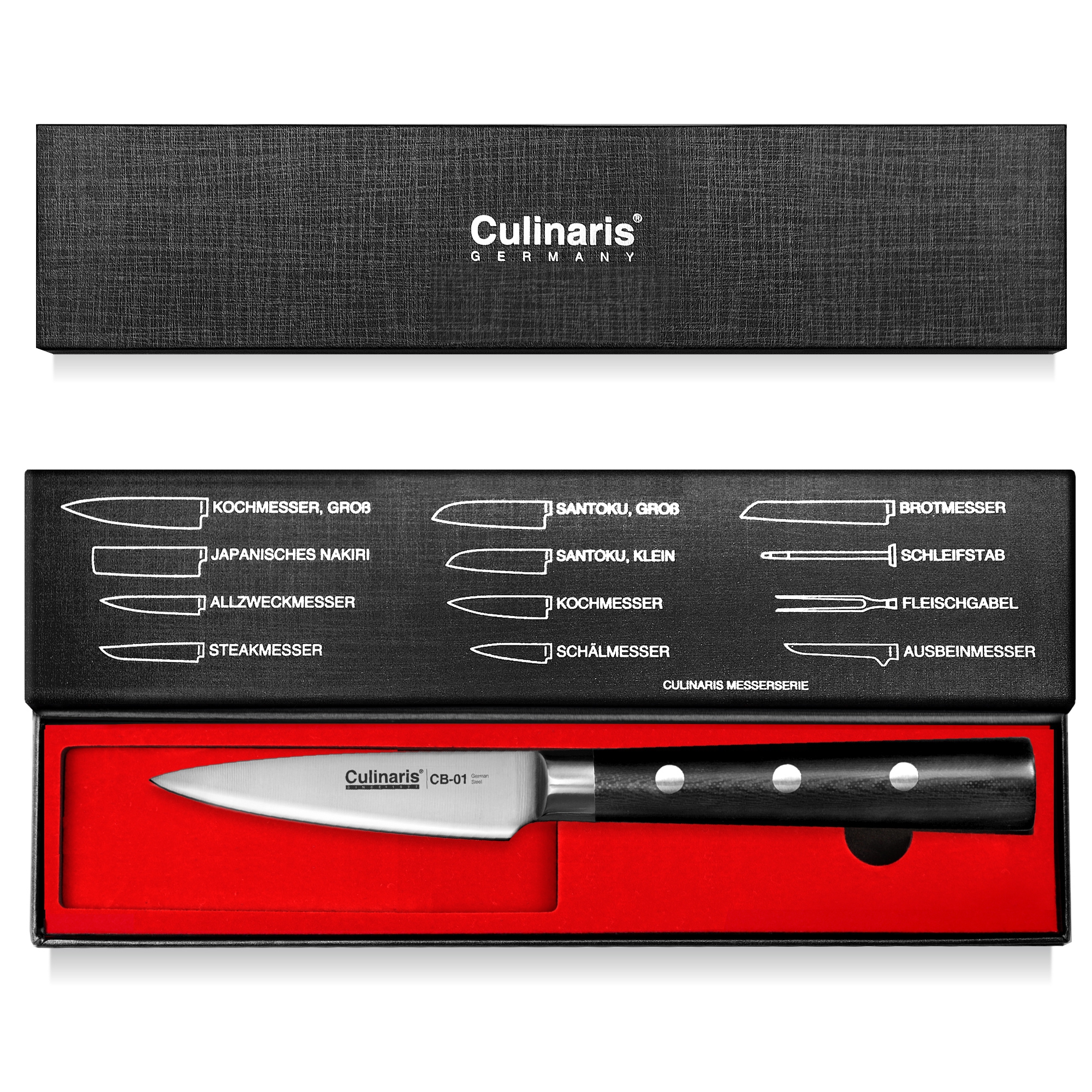 Culinaris - Messer-Set - Santoku CB-07 + Schälmesser CB-01 + Ausbeinmesser CB-05 + Messerblock CB-13