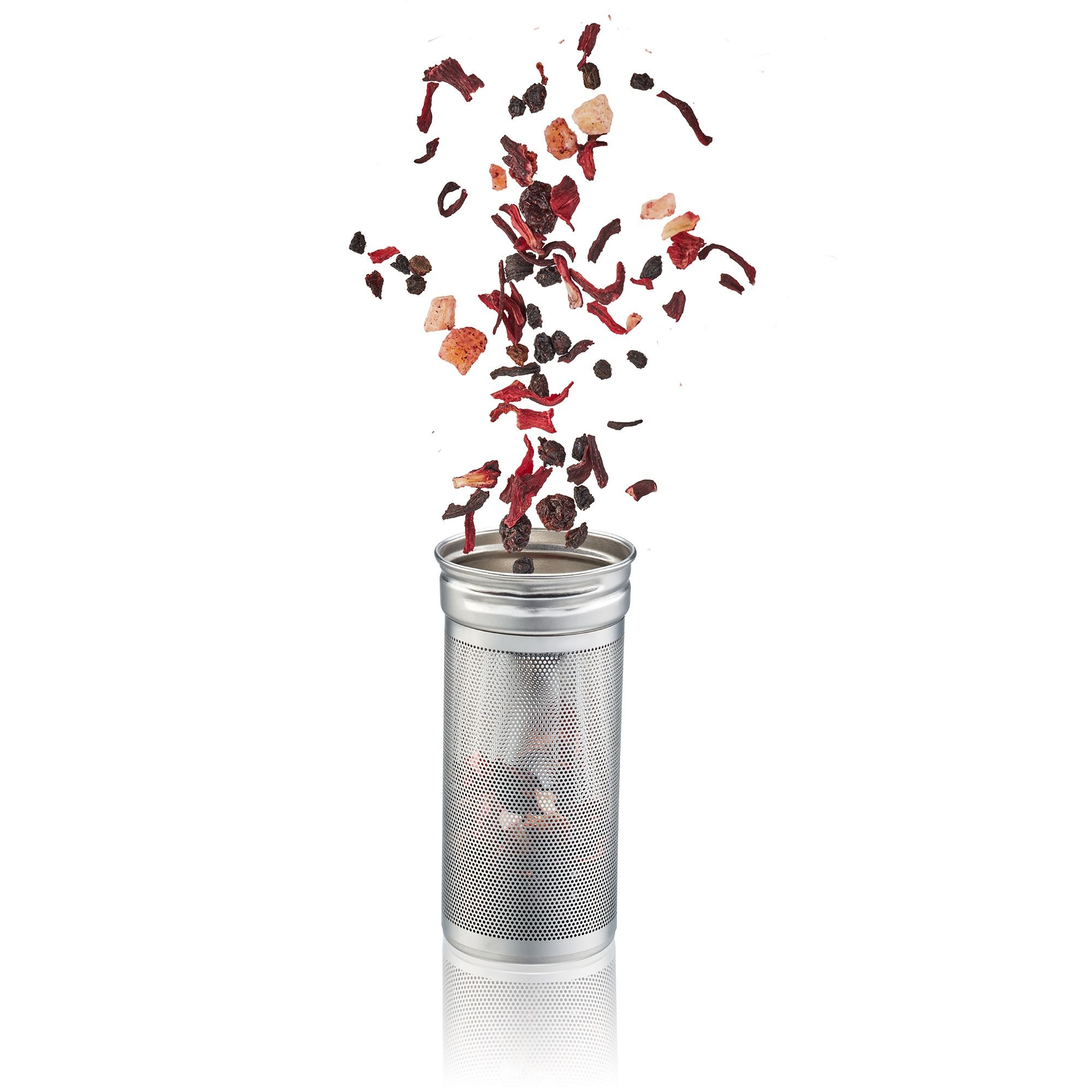Metal tea strainer filled with loose fruit tea