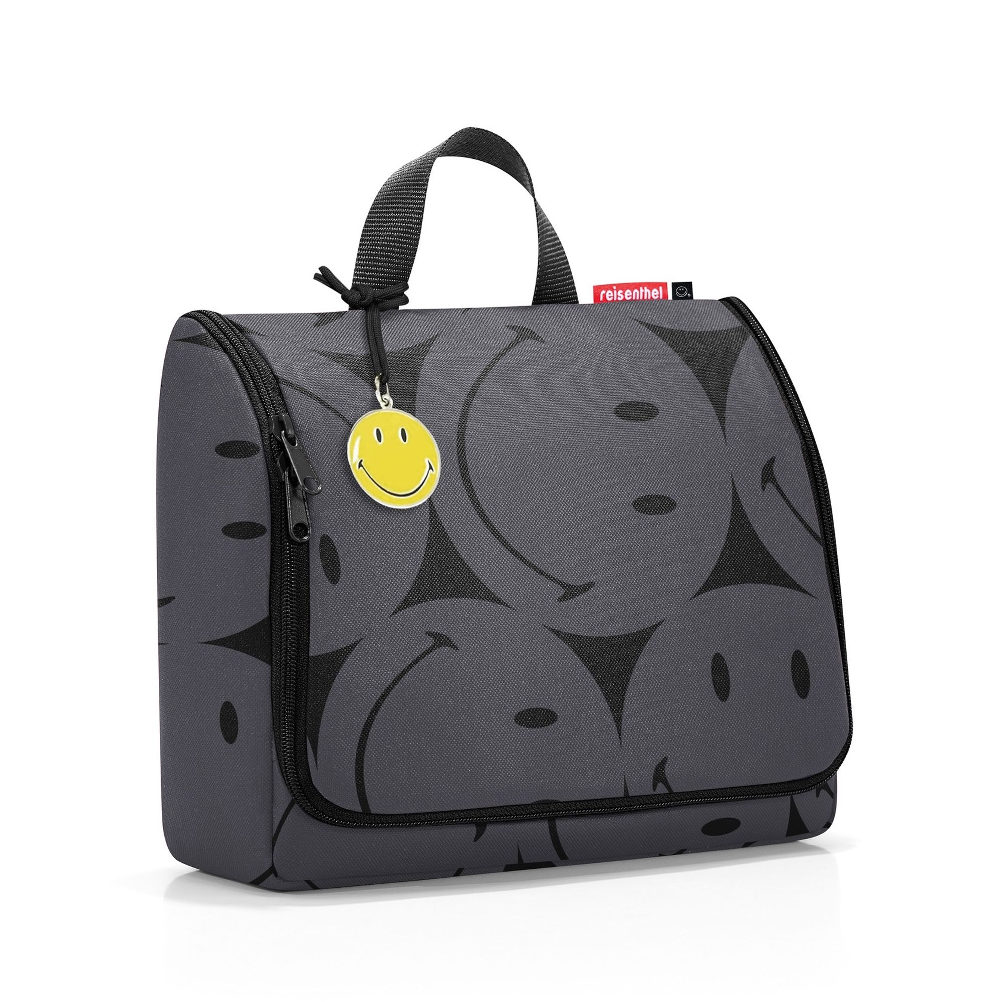 Toiletry bag with smiley design and carrying handle