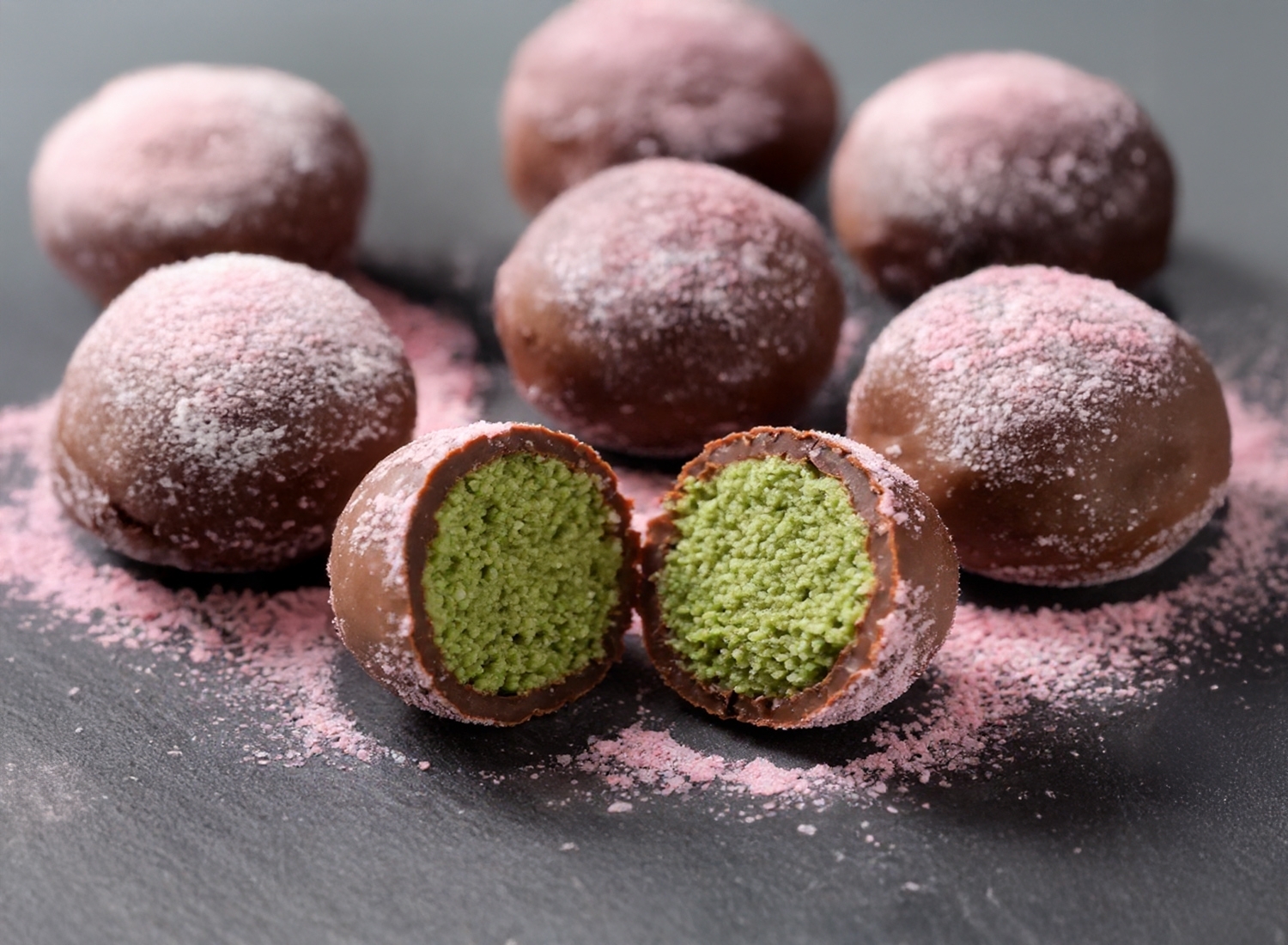Gefüllte Matcha-Schokoladenpralinen mit rosa Zucker