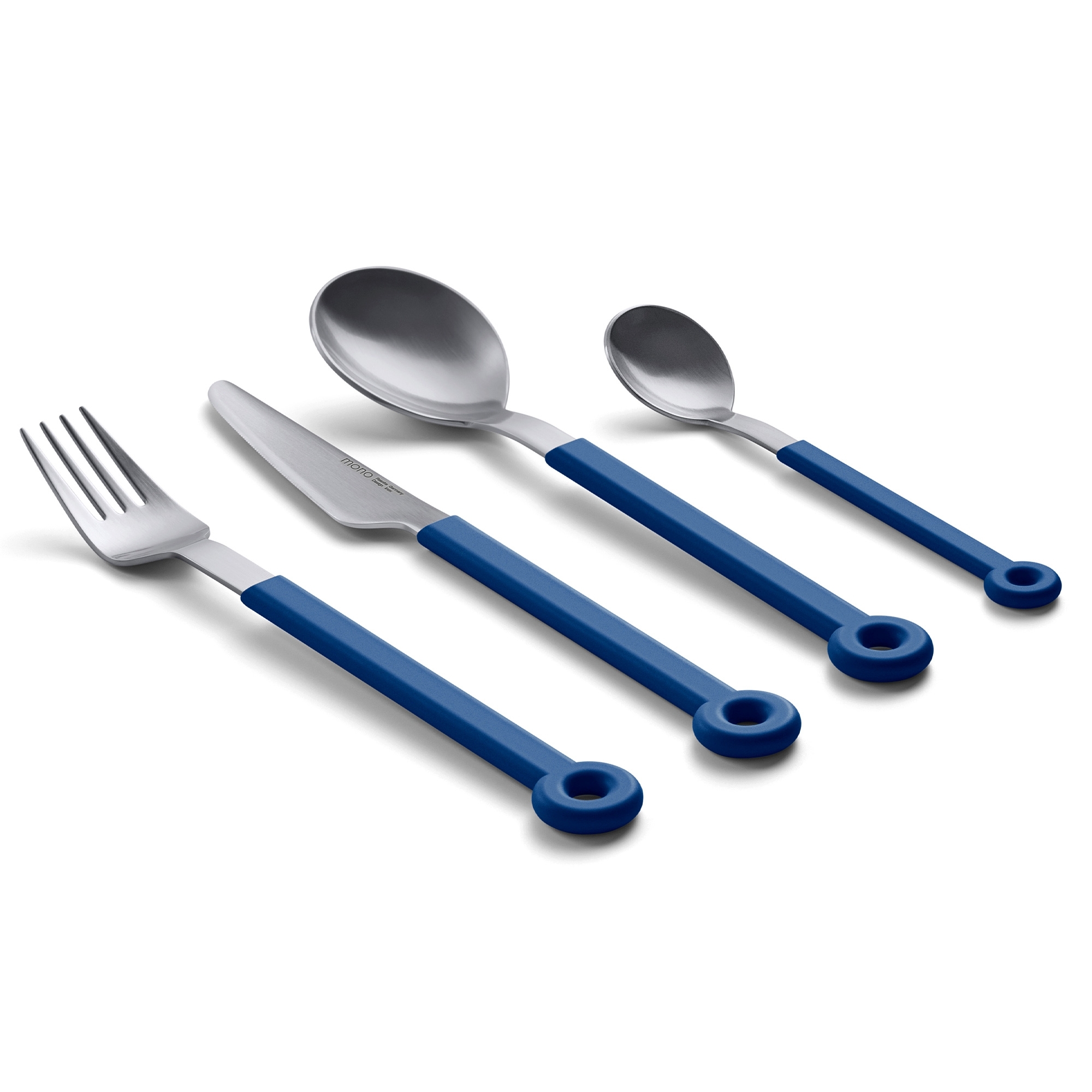 Messer, Gabel und Löffel mit blauen Griffen