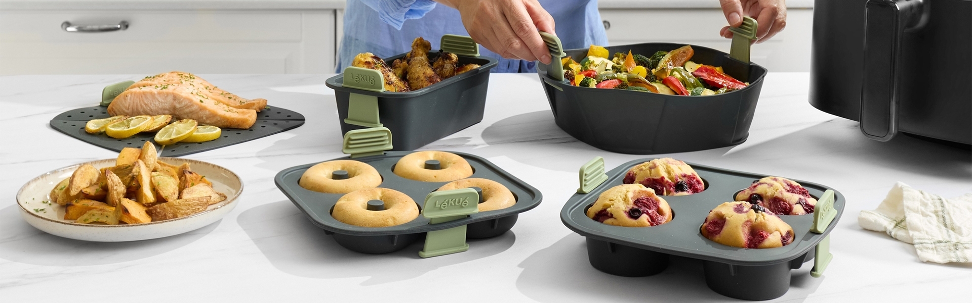 Various dishes in Lékué silicone moulds for air fryer