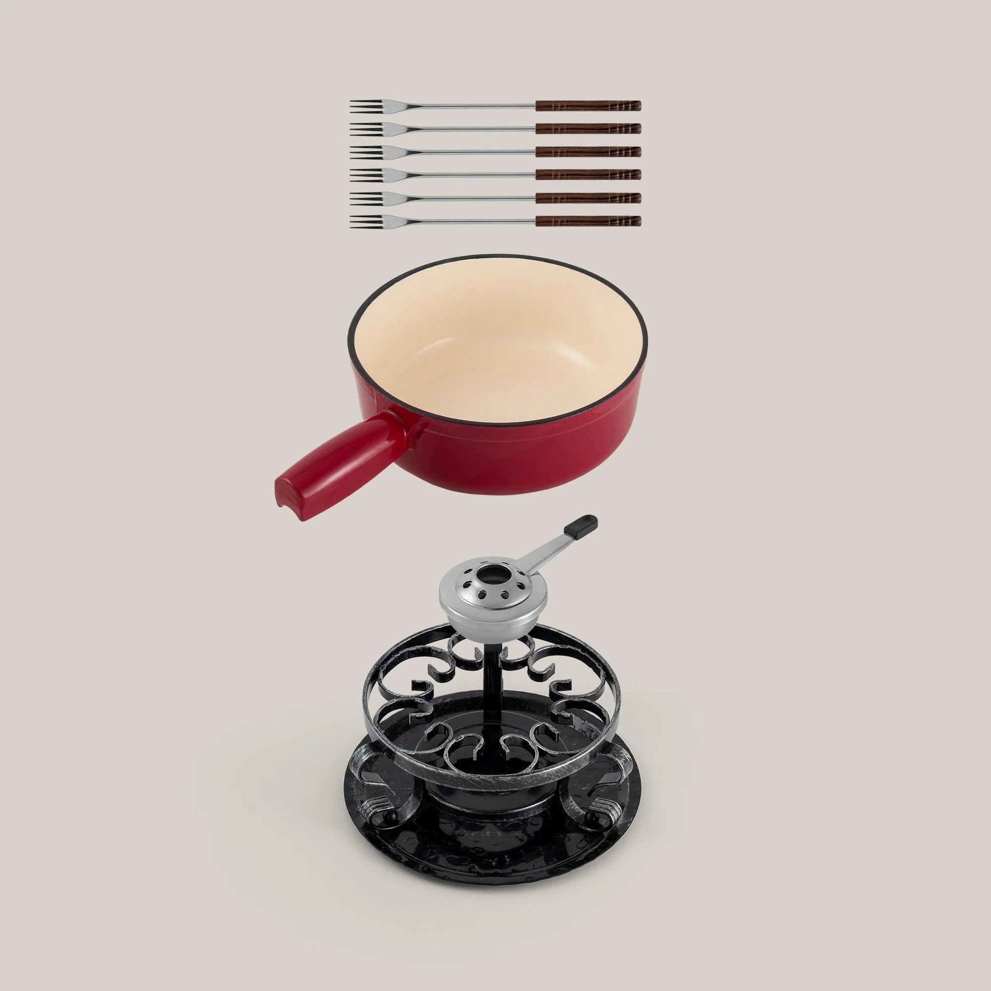Red fondue set with pot, burner and six forks