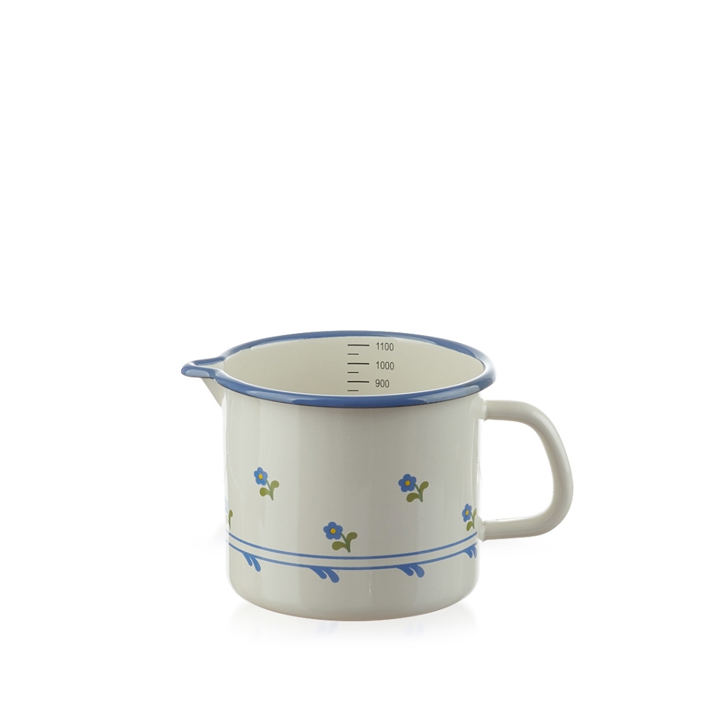 Münder Email - Milchtopf 1 ltr. mit Skala, creme/blau, Blümchen Münder Email - Milchtopf 1 ltr. mit Skala, creme/blau, Blümchen
