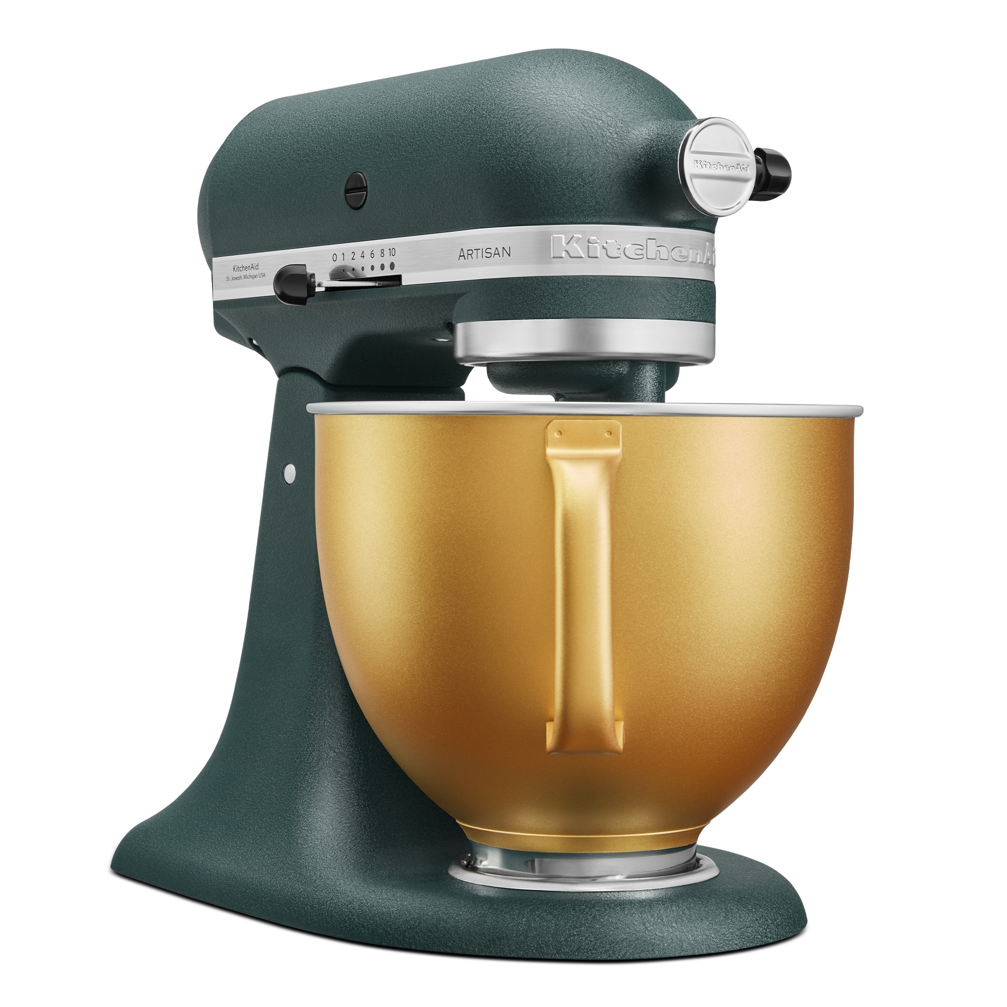 KitchenAid - Artisan Küchenmaschine 5KSM185PS - Pebbled Palm mit goldener Schüssel KitchenAid - Artisan Küchenmaschine 5KSM185PS - Pebbled Palm mit goldener Schüssel