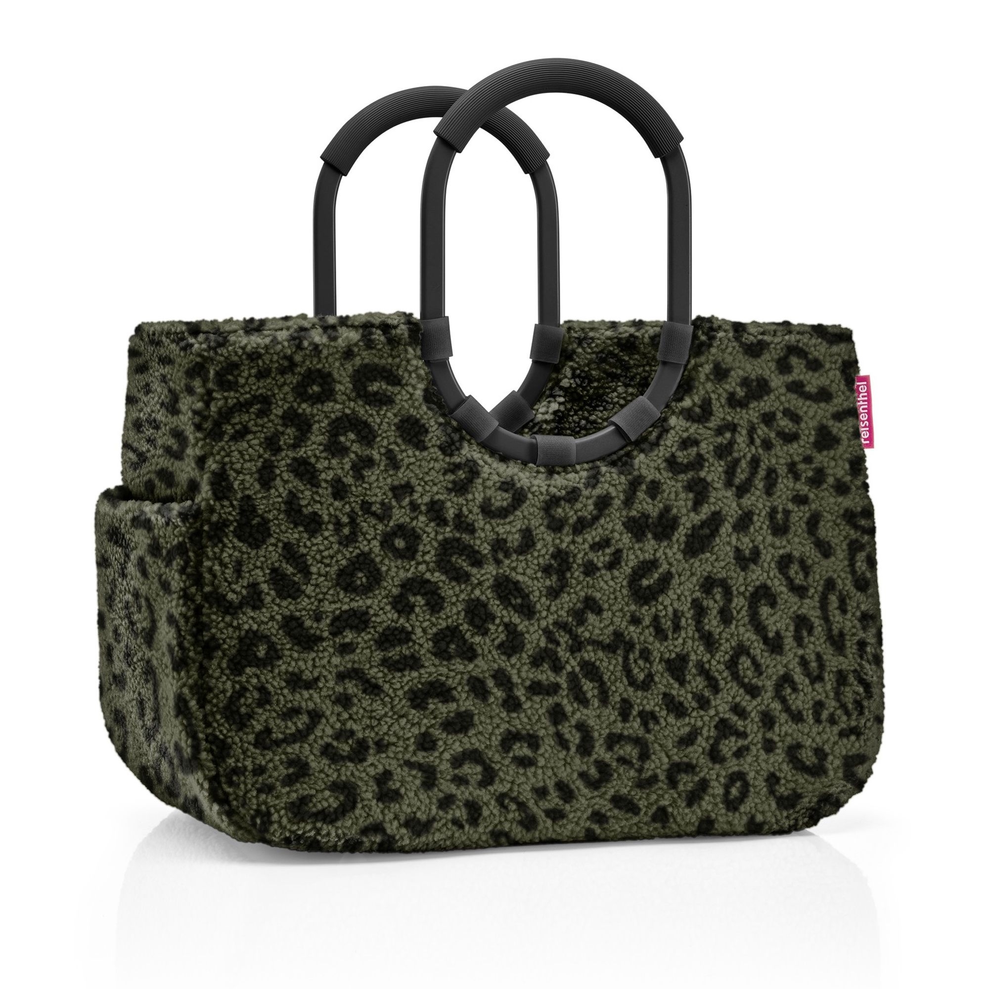 Green teddy shopper bag with leopard print and black handles